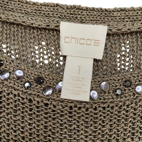 CHICOS Stone Beige Metallic Embellished Chunky Knit Pullover Sweater Medium (1) - Picture 7 of 10